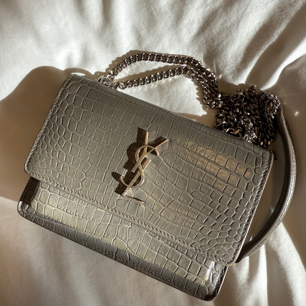 Yves Saint Laurent Silver Croc-Embossed Shoulder Bag